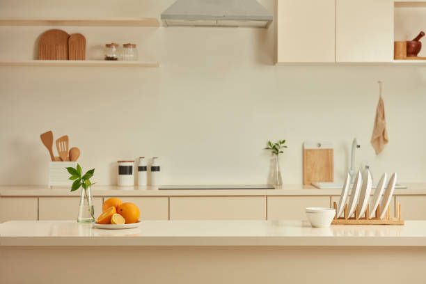 Soft abstract kitchen tones suggesting a tidy counter without text overlays.